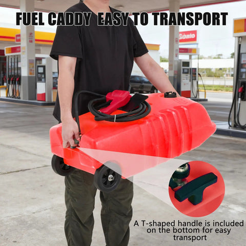 Person carrying 14 Gallon Gas Caddy With Transfer Pump And 10 Foot Hose Portable Fuel Tank For Lawn Mower Farm Boat And Home Use No Spill Brass Valves
