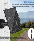 All Day Outdoor Camera Power From IP66 Waterproof Solar Panel With 10 Ft Cable Type C Or Micro USB Adapter And 360 Degree Adjustable Bracket, shown in rain.