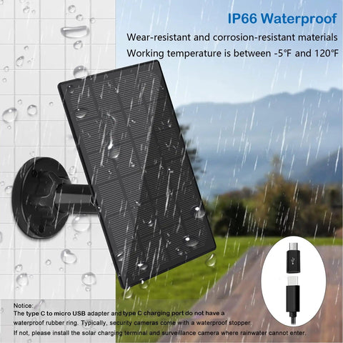 All Day Outdoor Camera Power From IP66 Waterproof Solar Panel With 10 Ft Cable Type C Or Micro USB Adapter And 360 Degree Adjustable Bracket, shown in rain.