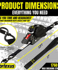Hardcore Heavy Duty Retractable Ratchet Straps 1 Inch By 12 Feet Auto Tie Down With 1760 Lb Break Strength No Frills Cargo Hauler showing product dimensions and features.