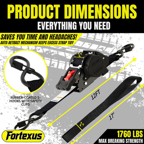 Hardcore Heavy Duty Retractable Ratchet Straps 1 Inch By 12 Feet Auto Tie Down With 1760 Lb Break Strength No Frills Cargo Hauler showing product dimensions and features.