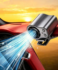 Clip On Car Vent Fan With LED Display, 360 Degree Rotation, 199 Speed Settings in a car interior at sunset.