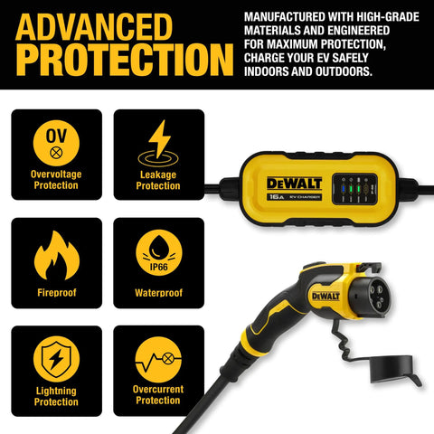 Go To Portable Level 1 And Level 2 EV Charger, 16 Amp, 120 To 240 Volt, with advanced protection features and DeWalt design