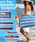 Large Beach Bag For Women Waterproof And Sandproof With Zipper Wet Pocket Beach Tote in blue stripes at seaside