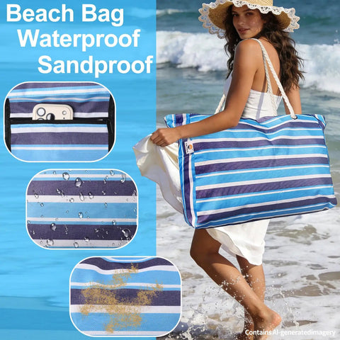 Large Beach Bag For Women Waterproof And Sandproof With Zipper Wet Pocket Beach Tote in blue stripes at seaside