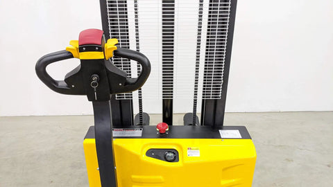 Heavy Duty Electric Thin Leg Pallet Stacker As A No Fuss Heavy Hitter With 2204 Lb Load Capacity control panel and steering handle.