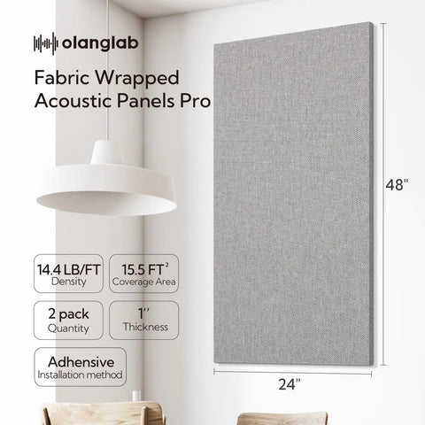 Top Shelf Large Acoustic Panels 2 Pack 48x24 Inches sound proof foam wall tiles in grey fabric, 1 inch thick, easy install.