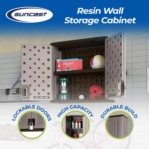 Wall Mounted Garage Storage Cabinet With Durable Resin Construction For Tough Garage Organization, open view with contents.