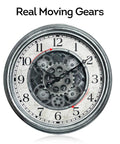 Large 15 Inch Moving Gears Wall Clock In Sleek Silver, Industrial Steampunk Vintage Decor With Bold Numbers, face with visible moving gears.