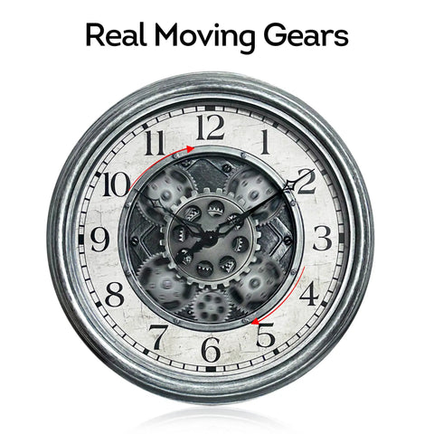 Large 15 Inch Moving Gears Wall Clock In Sleek Silver, Industrial Steampunk Vintage Decor With Bold Numbers, face with visible moving gears.