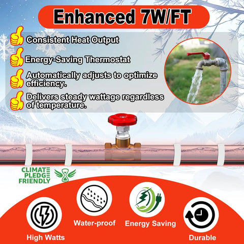 Water Pipe Heat Tape For Metal And Plastic Pipes showing enhanced 7W/ft features, thermostat, and climate-friendly attributes.