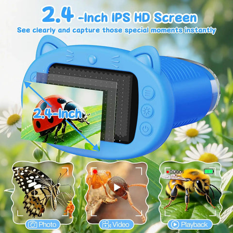 1000X Handheld Digital Microscope For Kids With USB Connection Real Time Live View Easy To Use Macro Zoom For Leaves Insects Coins Textures Fabrics And Stamps Kid Friendly STEM Toy In A Bright Blue Color, 2.4-inch screen