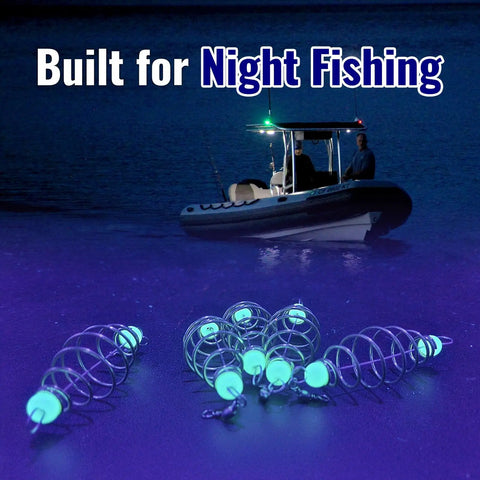 Glow In The Dark Fishing Bait Cage Set With 30 Pcs Spring Feeder Rig Bait Holders in action during night fishing