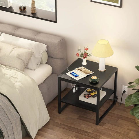 End Table With Charging Station For Living Room Dope Setup, 2 AC Outlets And 3 USB Ports, 59 Inch Power Cord, 20 Inch Wide, Black, next to bed.