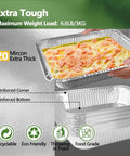 Heavy Duty Aluminum Foil Pans Set With Lids, 10 Pack Half Size Steam Table Trays, showing reinforced corner and food inside