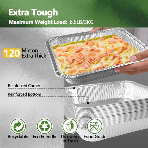 Heavy Duty Aluminum Foil Pans Set With Lids, 10 Pack Half Size Steam Table Trays, showing reinforced corner and food inside