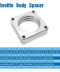 Jeep Throttle Body Spacer Kit 1068 Upgrade For 4.0L And 2.5L Engines Fits Wrangler TJ YJ 87 06 Cherokee XJ 84 01 Includes Gaskets Linkage Spacers And Hardware For Easy Bolt On Install Boosts Torque And Fuel Economy. silver aluminum throttle body spacer with four bolt holes