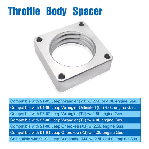 Jeep Throttle Body Spacer Kit 1068 Upgrade For 4.0L And 2.5L Engines Fits Wrangler TJ YJ 87 06 Cherokee XJ 84 01 Includes Gaskets Linkage Spacers And Hardware For Easy Bolt On Install Boosts Torque And Fuel Economy. silver aluminum throttle body spacer with four bolt holes