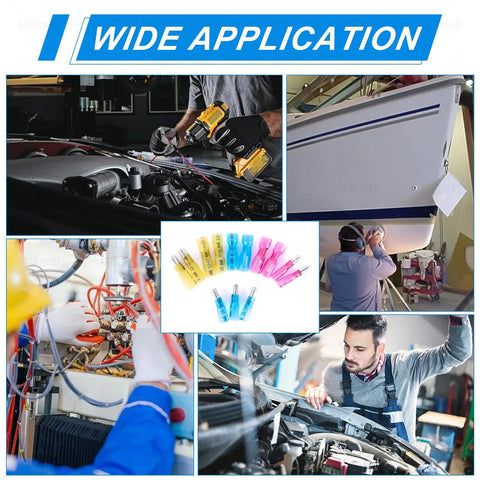 320-Piece Heat Shrink Bullet Connectors Kit With Male And Female Terminals shown in automotive and marine applications