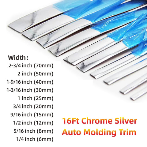 Front view of 16ft chrome-silver automotive molding trim strips in assorted widths with blue protective film.