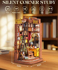 Front view of Dark Academia Book Nook Kit With LED Light 3 Hour Easy Build 3D Wooden Puzzle featuring a miniature study area.