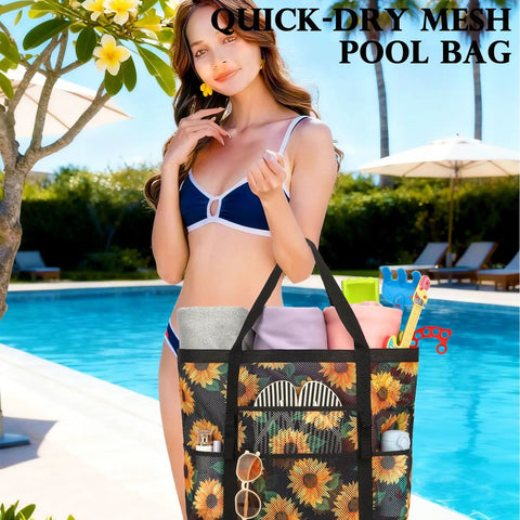 Woman by pool with Huge Mesh Beach Bag For Women With Zipper Pocket Sandproof Pool Cruise Tote