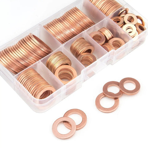 Eight Sizes Copper Metric Sealing Washers And Flat Washers 150 Pieces Assortment Kit M6 M8 M10 M12 M14 M16 M18 M20 High Temp Tight Seal Rock Solid Seal in case