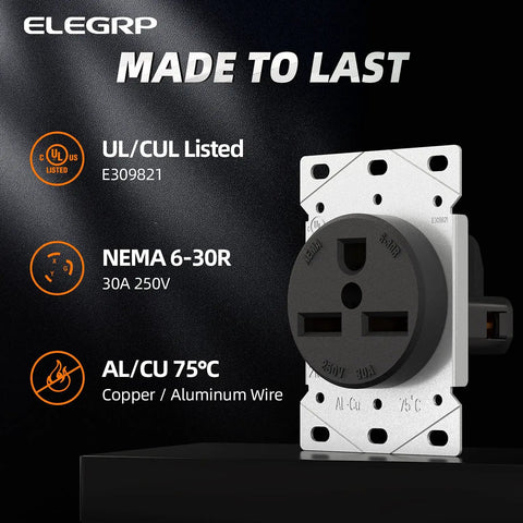 Flush Mount 30 Amp 250V NEMA 6-30R Power Receptacle for Welder or Generator 2 Pole 3 Wire Straight Blade Outlet, UL listed