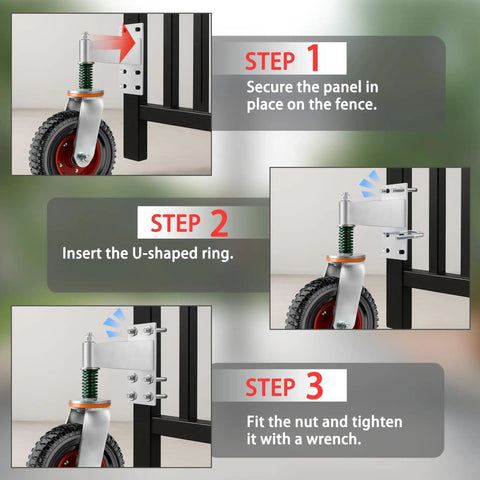 Installation steps for 8 Inch Gate Caster Wheels For Wooden Gates With 360 Degree Swivel, Spring Loaded Heavy Duty Rollers.
