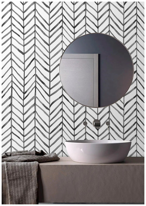 Black And White Peel And Stick Wallpaper Stripe Herringbone Geometric Textured Self Adhesive Contact Paper Removable For Bathroom