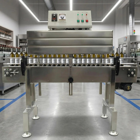 AOXHUGB Heat Shrink Tunnel Machine 4.0 Inch Diameter For Bottle Labeling Pvc And Pof Film Adjustable Speed Up To 32.8 Ft Per Min compact design with bottles on conveyor.