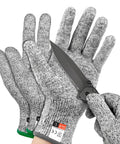 2 Pairs Cut Resistant Gloves Level 5 EN388 Food Grade Safety Gear For Cooking Meat Oyster Shucking Mandoline Chefs Food Prep Carving Butcher Unisex Comfortable Fit, showing grey gloves handling a blade.