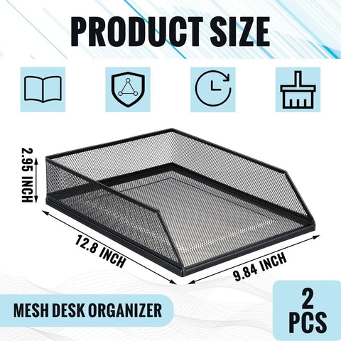 Twofer Pack Black Metal Letter Trays Set For Desk Organization, stackable wire mesh front load file holder, 12.8 x 9.84 inches