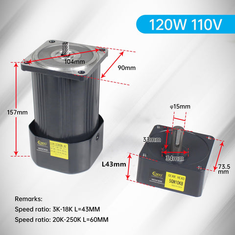 Powerhouse 120W Adjustable Gear Reducer Motor 110V Single Phase CW CCW Geared Motor With Speed Controller 15mm Shaft