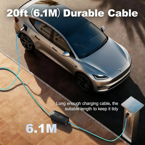 Plug And Play Level 2 Tesla Charger 32 Amp Portable Ev Charging Station With 20 Ft Cable 240V Nema 14-50 Home Setup charging cable connected to Tesla.