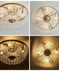Decorative ceiling chandelier with crystal detail, shown in different lighting angles, creating an elegant and ambient effect.