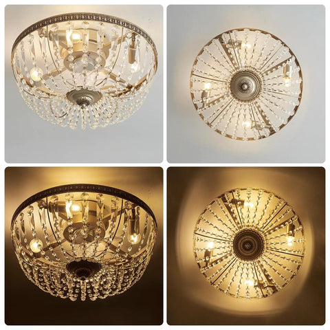 Decorative ceiling chandelier with crystal detail, shown in different lighting angles, creating an elegant and ambient effect.