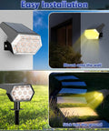 Upgraded Outdoor Solar Lights IP65 Waterproof 92 LED Spotlights with wall and ground installation options in garden setting