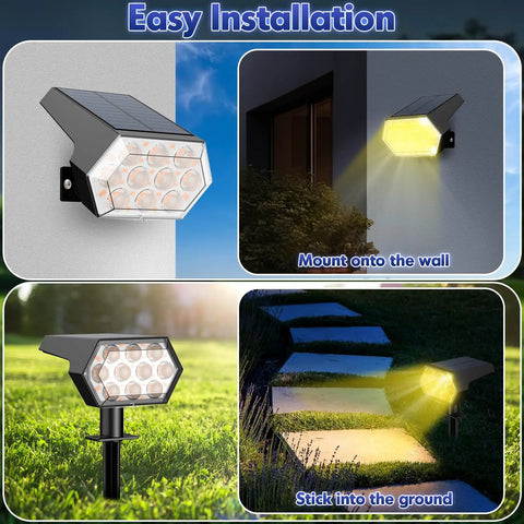 Upgraded Outdoor Solar Lights IP65 Waterproof 92 LED Spotlights with wall and ground installation options in garden setting