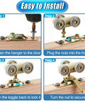 Installation steps for Pocket Door Hardware Kit For Sliding RV Doors with hanger and rollers, showing fastening and securing process.