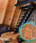 Rustic living room with wood furniture and staircase, inset showing close-up of dark wood texture with unique grain patterns