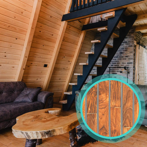 Rustic living room with wood furniture and staircase, inset showing close-up of dark wood texture with unique grain patterns