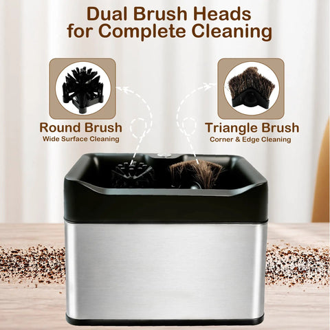Automatic Electric Espresso Portafilter Cleaner With Triple Scrapers And Rotary Brush For Quick Puck Dumping with dual brush heads.