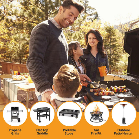 Family grilling outdoors using Five Foot Propane Regulator Hose With Gauge For Griddles And Grills Replacement Part