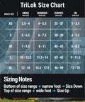 TriLok Ankle Brace With Figure Eight Stabilizer And FootLok Arch Lift size chart for men and women with shoe size guide.