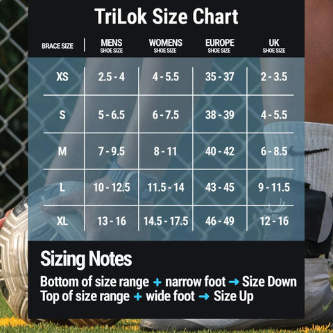 TriLok Ankle Brace With Figure Eight Stabilizer And FootLok Arch Lift size chart for men and women with shoe size guide.