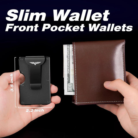Ultra Slim Hinged Metal Wallet For Men With RFID Blocking, front pocket view showing size comparison with leather wallet