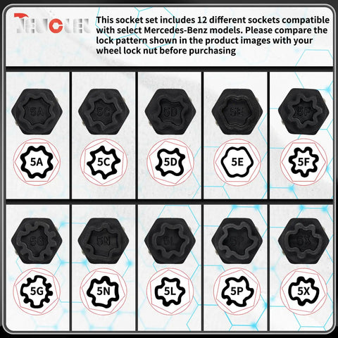 All In One 12 Piece Wheel Locking Nut Key Kit For Mercedes Benz Vehicles showing compatible socket patterns