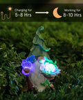 Solar Gnome Garden Statue With Light Up Orb And Butterfly Resin Outdoor Yard Decor in garden with glowing orb at night