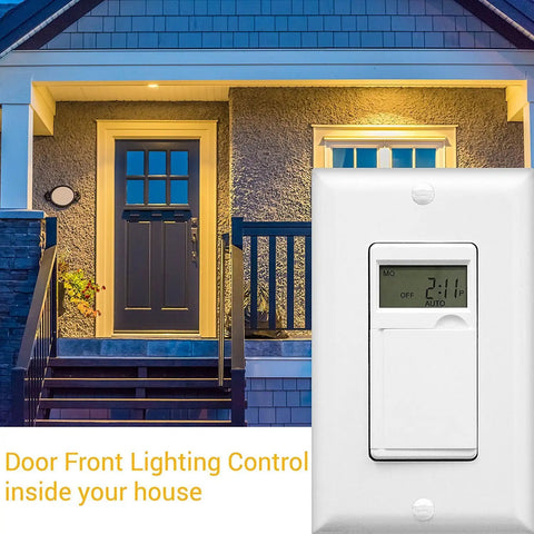 Programmable Digital Timer Switch For Lights Fans And Motors With 7 Day 18 On Off Timers And Auto Scheduling For Indoor And Outdoor Use Single Pole With Neutral Wire Required UL Listed White No Fuss Setup installed on wall near front door